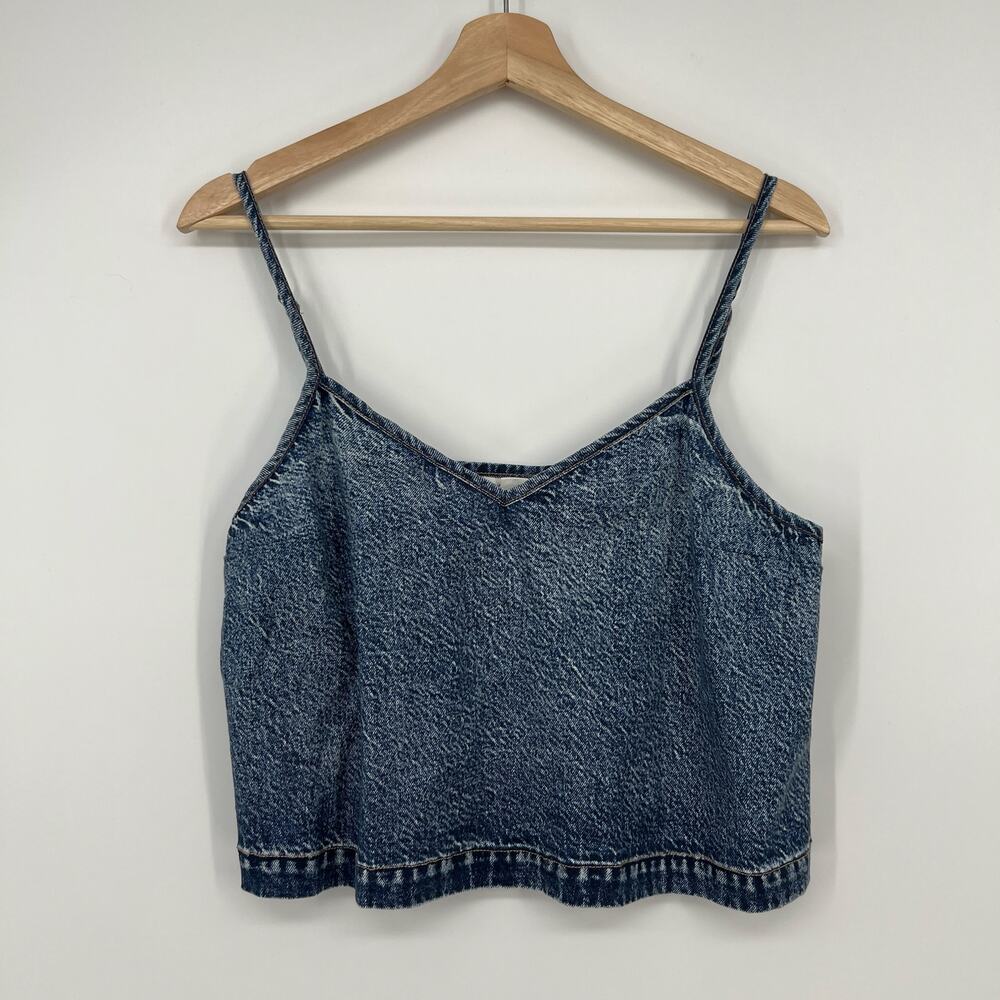 American Eagle X Aerie Denim Crop Tank Top Medium Acid Wash Blue Spaghetti Strap